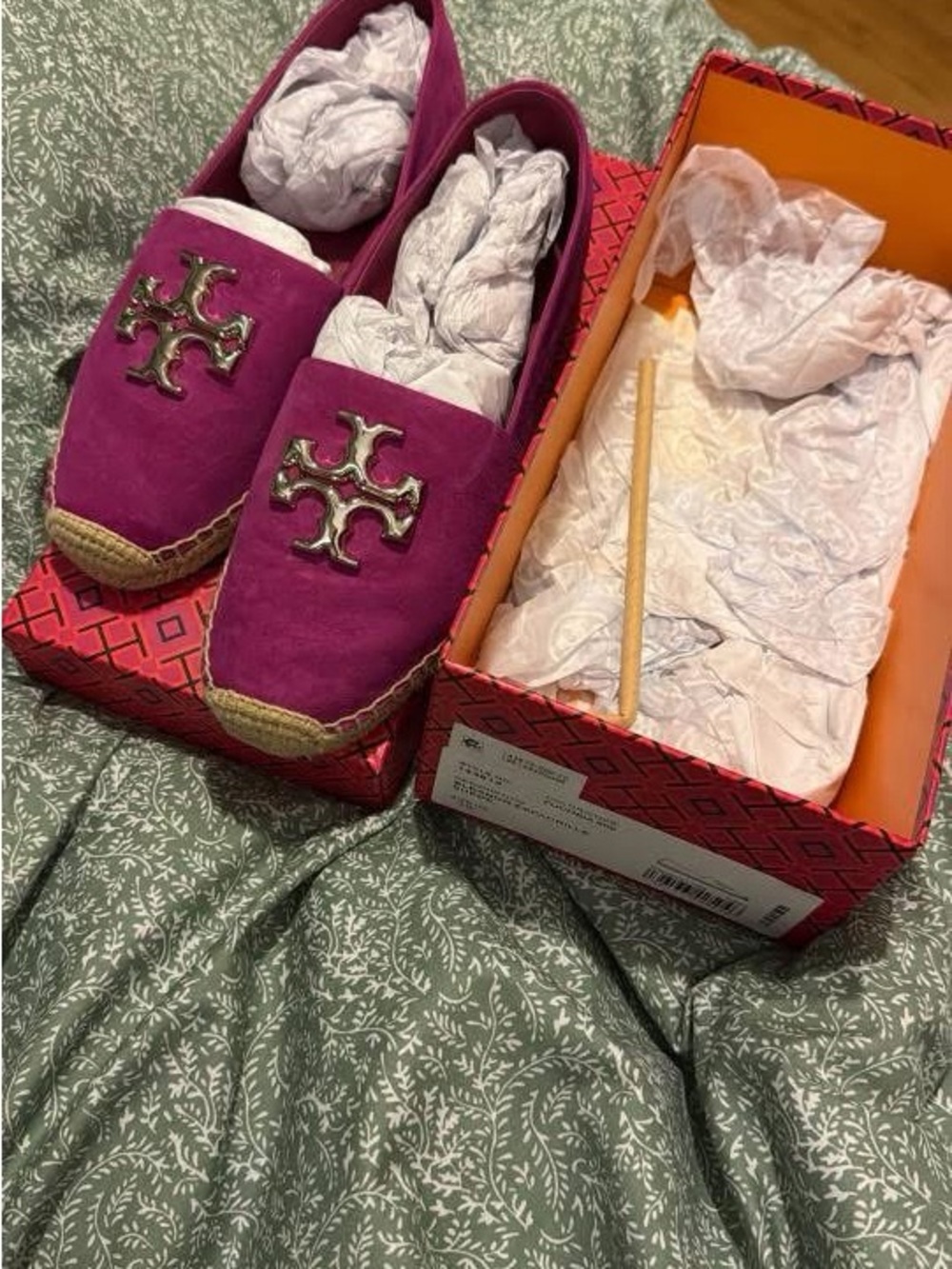 Tory Burch Fuchsia Suede Espadrille Flats with Gold Logo